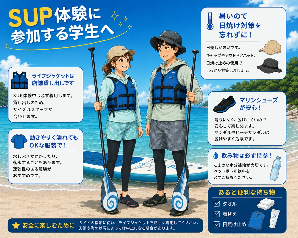 SUP体験に参加する学生へ：ライフジャケット・日焼け対策・マリンシューズ・濡れてよい服装・飲み物・持ち物の案内